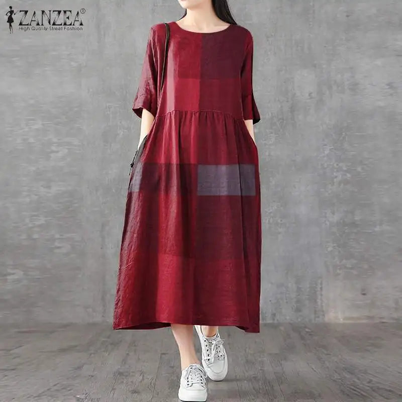 ZANZEA Women Cotton Linen Dresses Vintage Plaid Half Sleeve Midi Vestidos Casual O-neck Long Sundress 2023 Holiday Pocket Robes