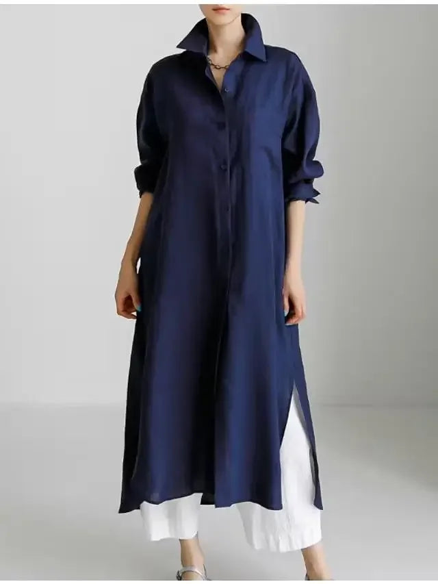 Summer Fashion New Women's Cotton Linen Dress Shirt Elegant Loose Irregular Cardigan Single Breasted Fashion Long Sleeved Dress