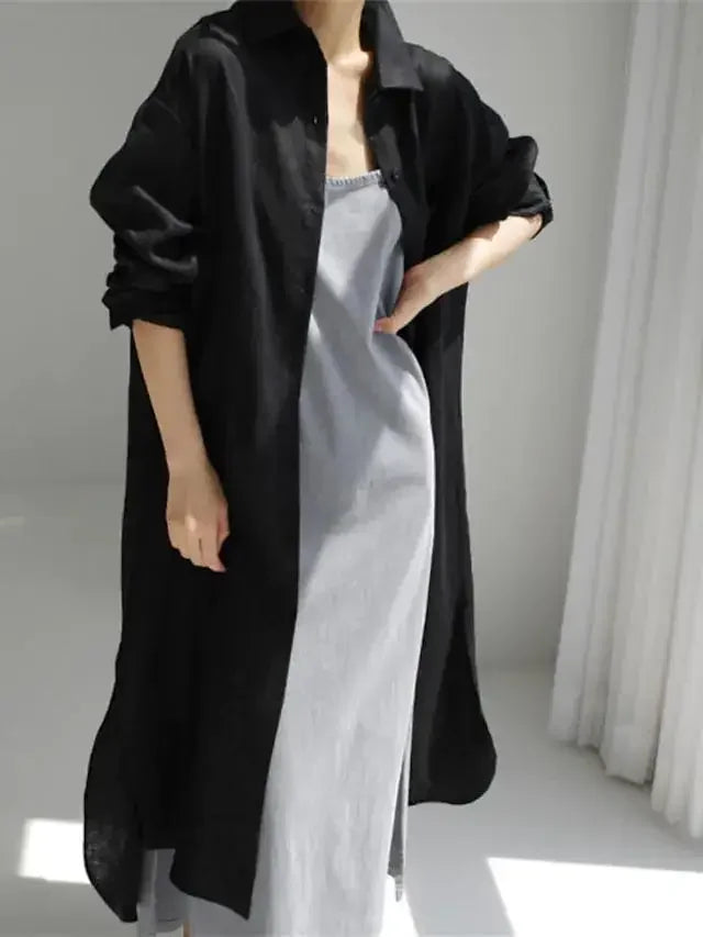 Summer Fashion New Women's Cotton Linen Dress Shirt Elegant Loose Irregular Cardigan Single Breasted Fashion Long Sleeved Dress