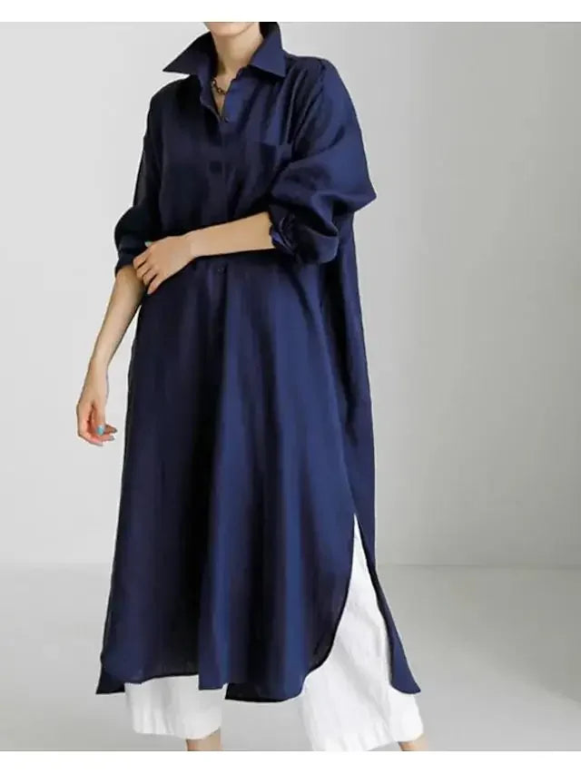 Summer Fashion New Women's Cotton Linen Dress Shirt Elegant Loose Irregular Cardigan Single Breasted Fashion Long Sleeved Dress
