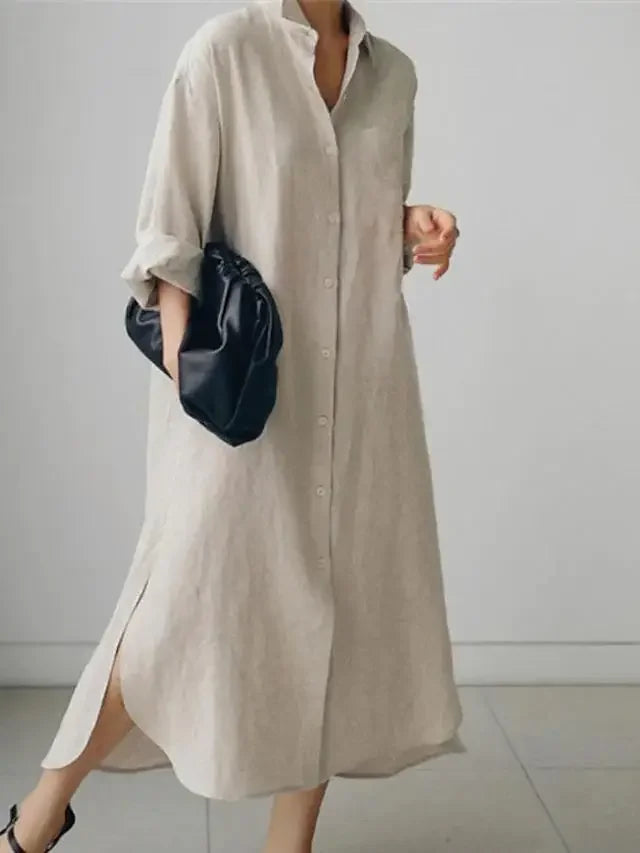 Summer Fashion New Women's Cotton Linen Dress Shirt Elegant Loose Irregular Cardigan Single Breasted Fashion Long Sleeved Dress