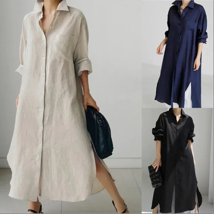 Summer Fashion New Women's Cotton Linen Dress Shirt Elegant Loose Irregular Cardigan Single Breasted Fashion Long Sleeved Dress