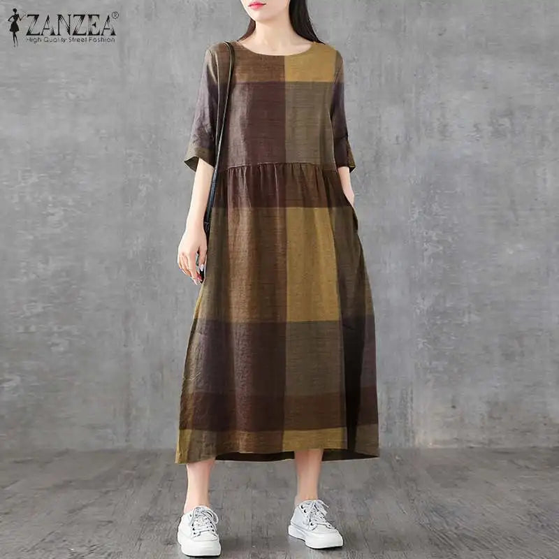 ZANZEA Women Cotton Linen Dresses Vintage Plaid Half Sleeve Midi Vestidos Casual O-neck Long Sundress 2023 Holiday Pocket Robes