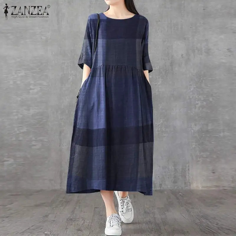 ZANZEA Women Cotton Linen Dresses Vintage Plaid Half Sleeve Midi Vestidos Casual O-neck Long Sundress 2023 Holiday Pocket Robes