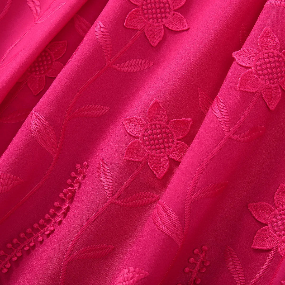 ZJYT Runway 2025 Spring V Neck Embroidery Long Dresses Women Elegant Lantern Sleeve Rose Red Aline Evening Party Dress Vestidos