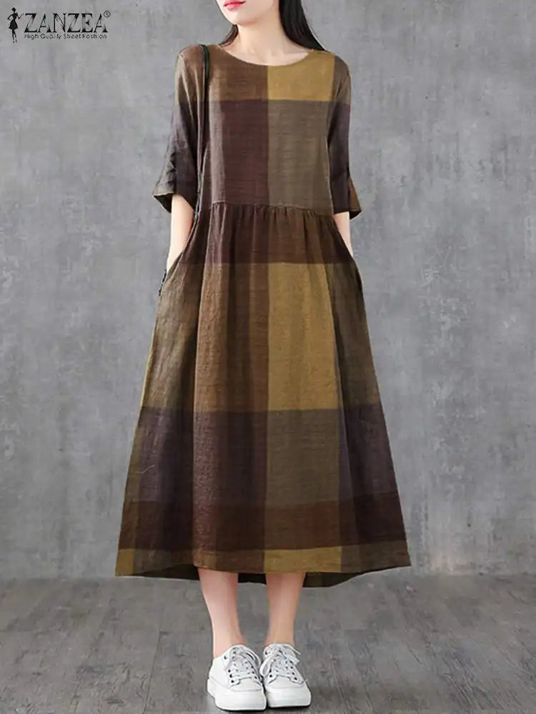 ZANZEA Women Cotton Linen Dresses Vintage Plaid Half Sleeve Midi Vestidos Casual O-neck Long Sundress 2023 Holiday Pocket Robes