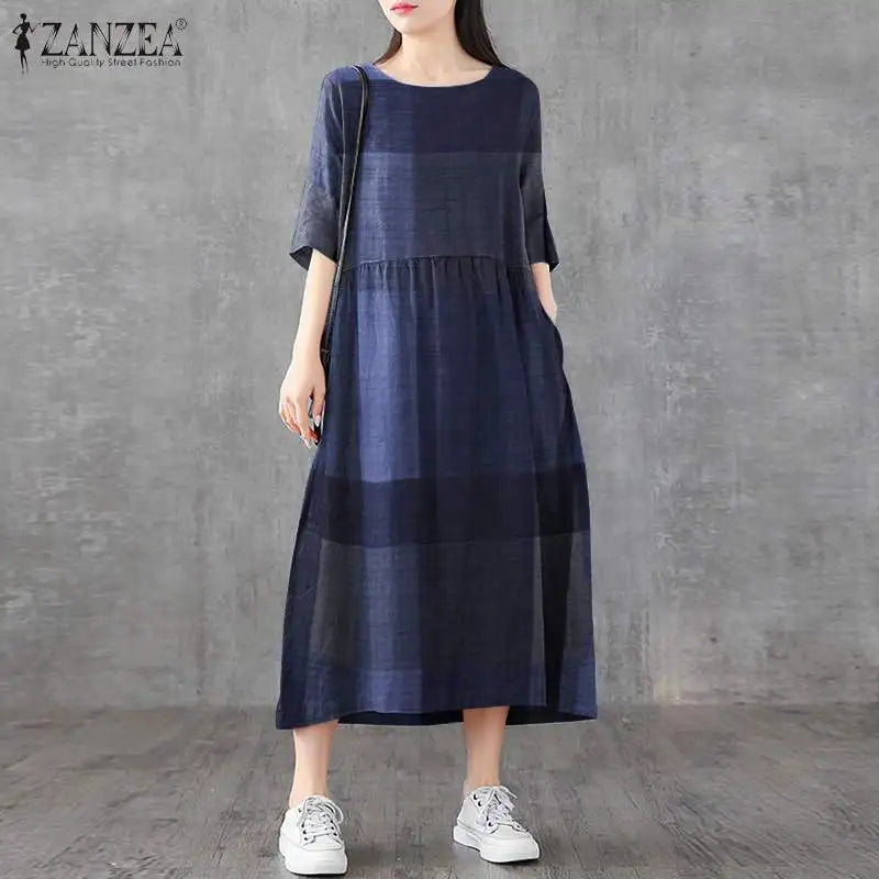 ZANZEA Women Cotton Linen Dresses Vintage Plaid Half Sleeve Midi Vestidos Casual O-neck Long Sundress 2023 Holiday Pocket Robes