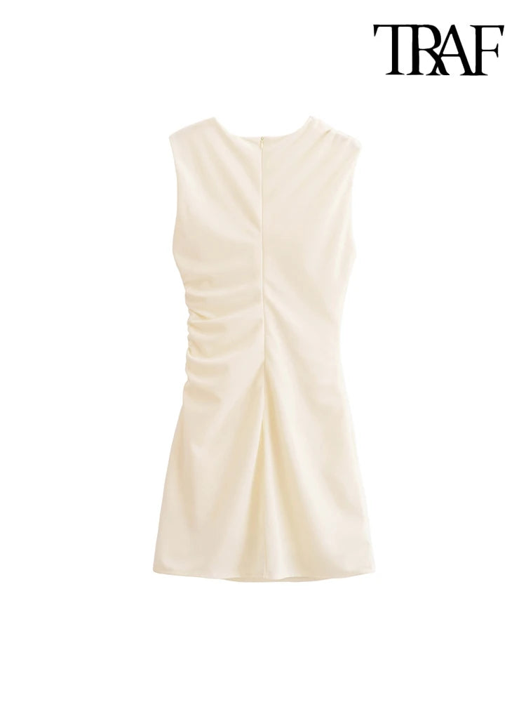 TRAF-Women's Draped Mini Dress, O Neck, Sleeveless, Back Zipper, Female Dresses, Sexy Fashion