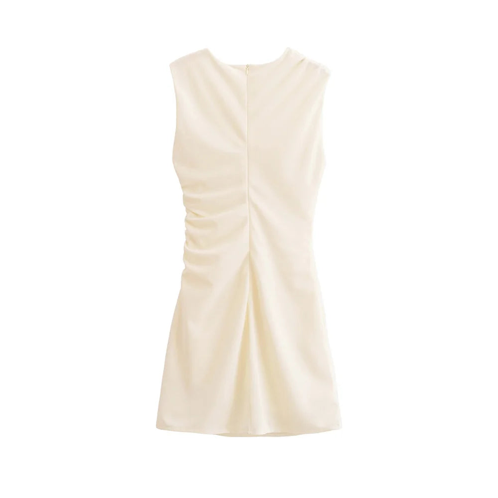 TRAF-Women's Draped Mini Dress, O Neck, Sleeveless, Back Zipper, Female Dresses, Sexy Fashion