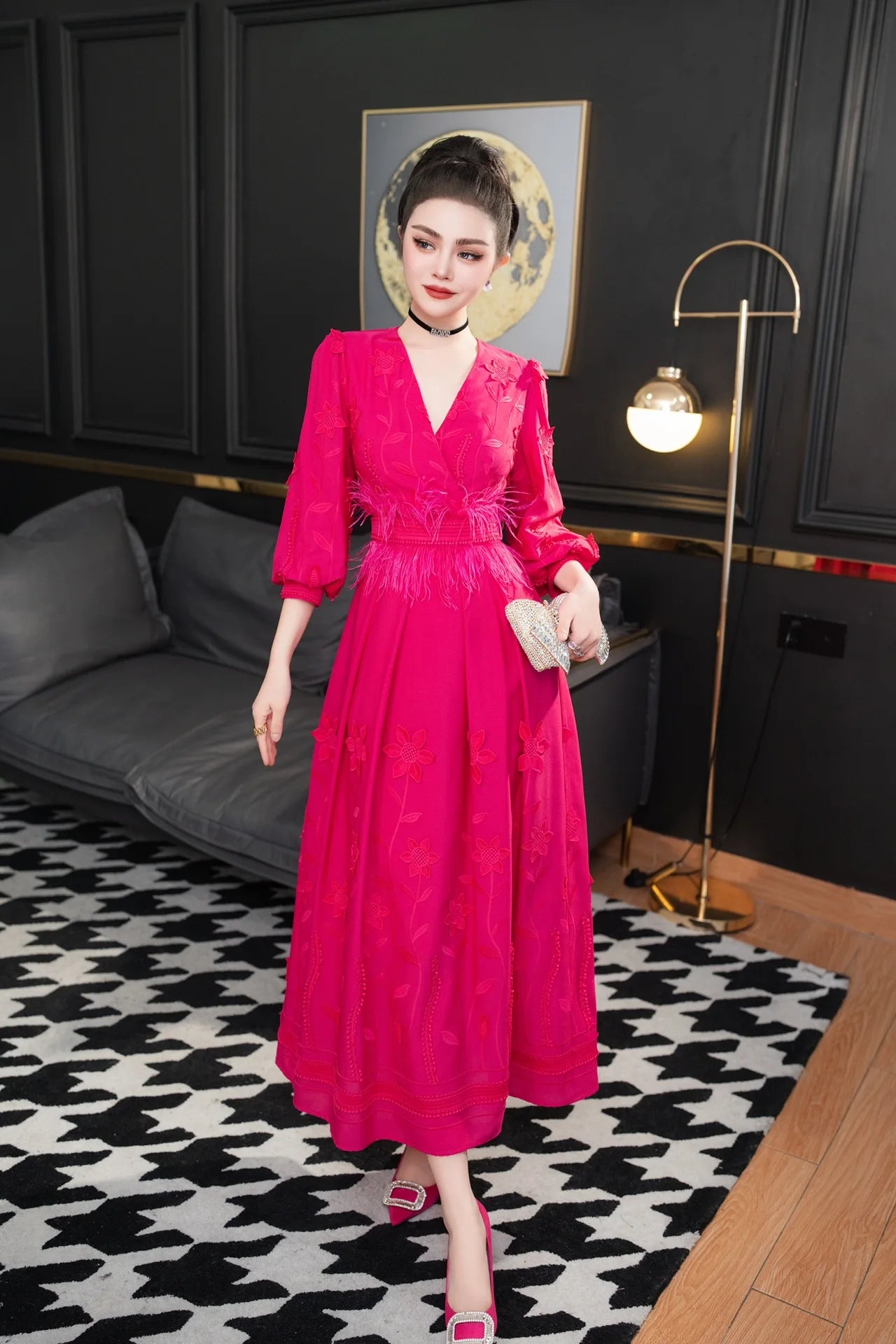 ZJYT Runway 2025 Spring V Neck Embroidery Long Dresses Women Elegant Lantern Sleeve Rose Red Aline Evening Party Dress Vestidos