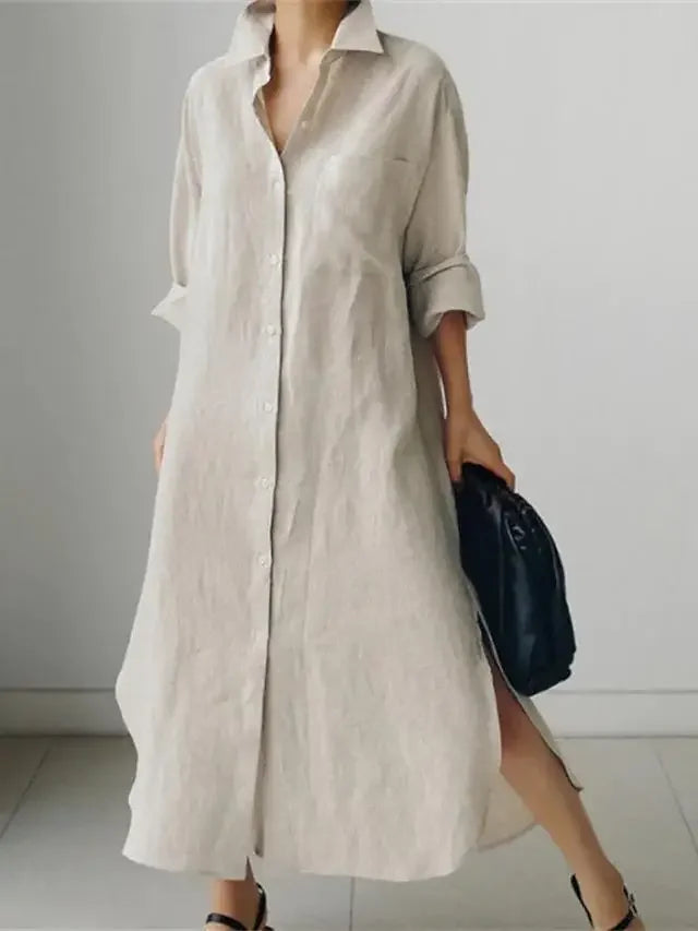 Summer Fashion New Women's Cotton Linen Dress Shirt Elegant Loose Irregular Cardigan Single Breasted Fashion Long Sleeved Dress