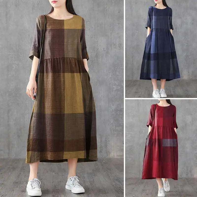 ZANZEA Women Cotton Linen Dresses Vintage Plaid Half Sleeve Midi Vestidos Casual O-neck Long Sundress 2023 Holiday Pocket Robes