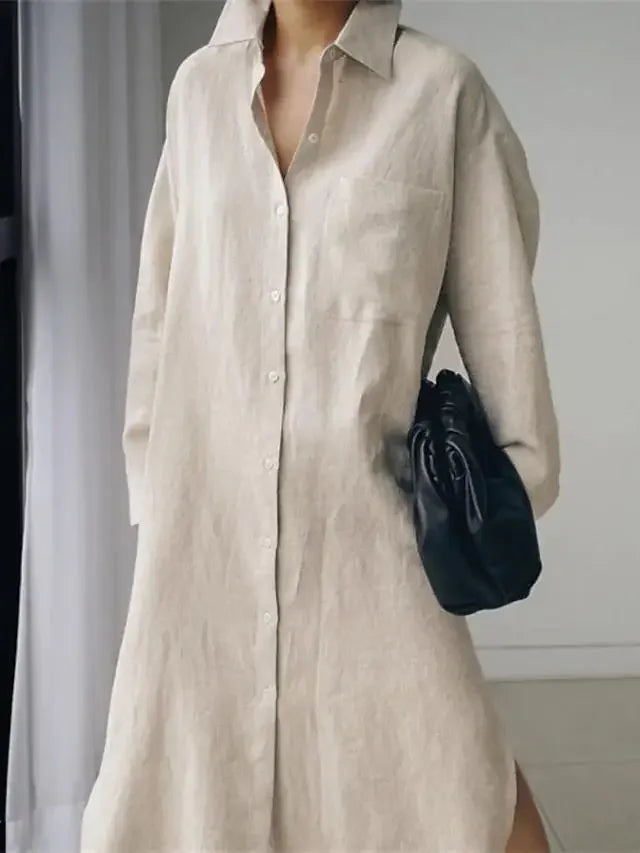 Summer Fashion New Women's Cotton Linen Dress Shirt Elegant Loose Irregular Cardigan Single Breasted Fashion Long Sleeved Dress