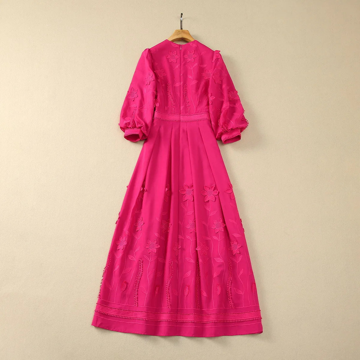 ZJYT Runway 2025 Spring V Neck Embroidery Long Dresses Women Elegant Lantern Sleeve Rose Red Aline Evening Party Dress Vestidos