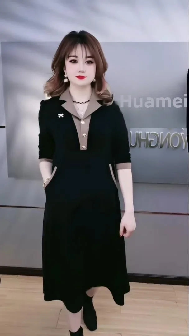 Fashionable Korean Style Autumn Newborn Slimming Medium-length Dress A- line Skirt For 80-200 Pounds Women