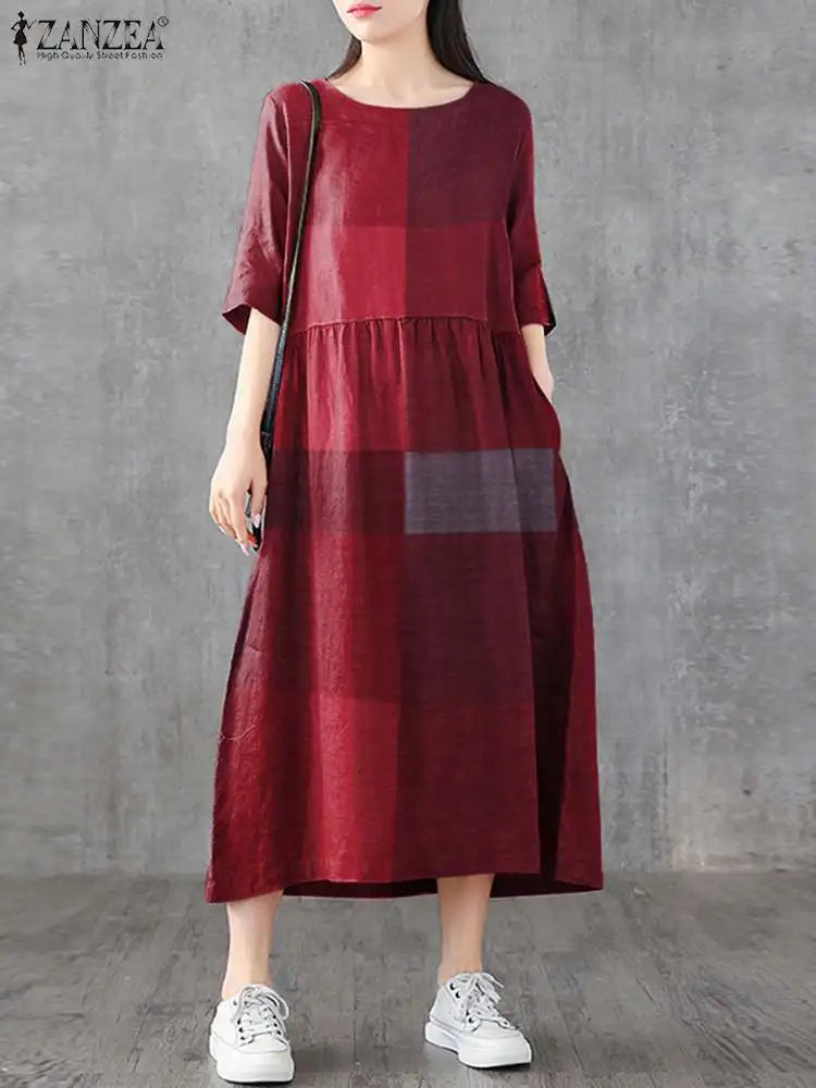 ZANZEA Women Cotton Linen Dresses Vintage Plaid Half Sleeve Midi Vestidos Casual O-neck Long Sundress 2023 Holiday Pocket Robes