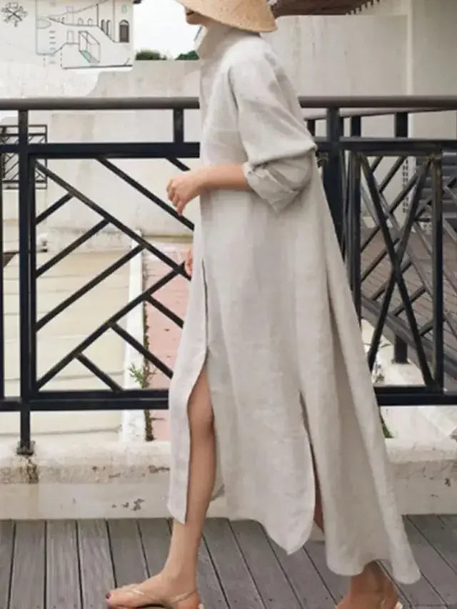 Summer Fashion New Women's Cotton Linen Dress Shirt Elegant Loose Irregular Cardigan Single Breasted Fashion Long Sleeved Dress