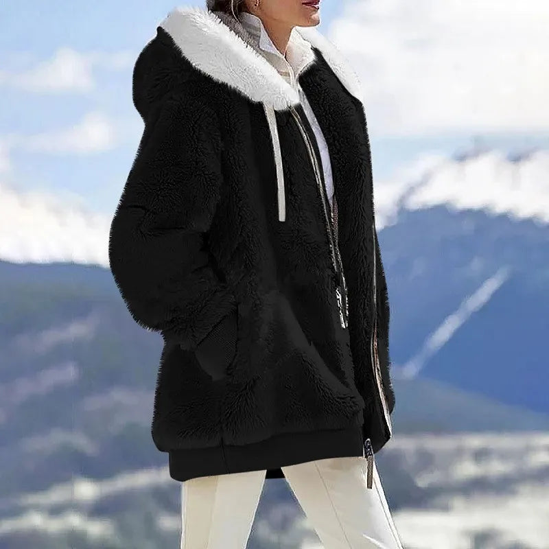 Autumn Winter Fashion Women's Coat New Casual Hooded Zipper Lady Clothes Cashmere Female Fleece Jacket Solid Color Ladies Coats