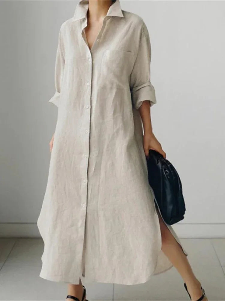 Summer Fashion New Women's Cotton Linen Dress Shirt Elegant Loose Irregular Cardigan Single Breasted Fashion Long Sleeved Dress