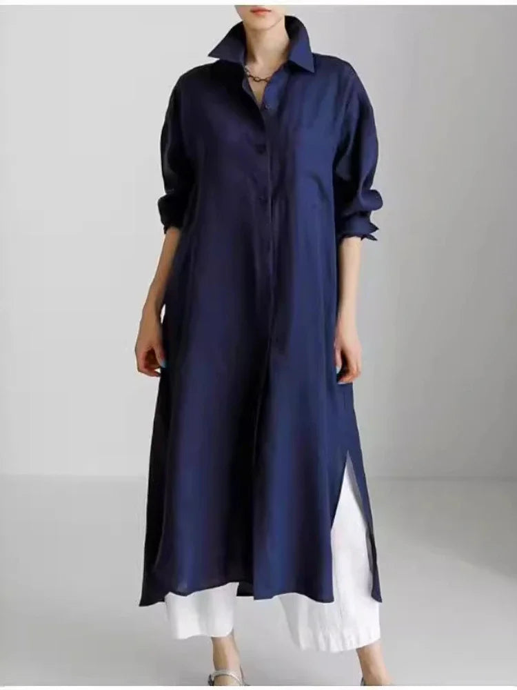 Summer Fashion New Women's Cotton Linen Dress Shirt Elegant Loose Irregular Cardigan Single Breasted Fashion Long Sleeved Dress