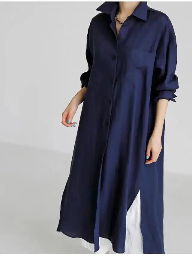 Summer Fashion New Women's Cotton Linen Dress Shirt Elegant Loose Irregular Cardigan Single Breasted Fashion Long Sleeved Dress