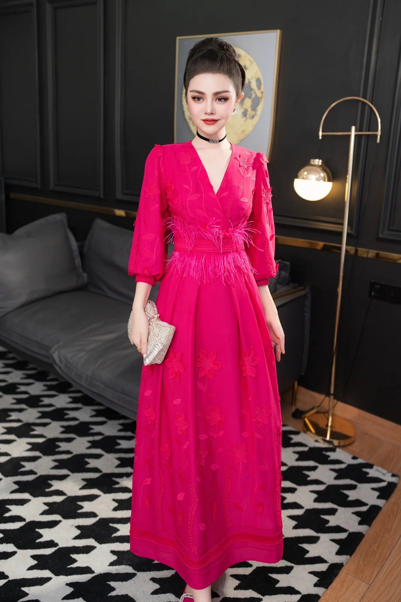 ZJYT Runway 2025 Spring V Neck Embroidery Long Dresses Women Elegant Lantern Sleeve Rose Red Aline Evening Party Dress Vestidos