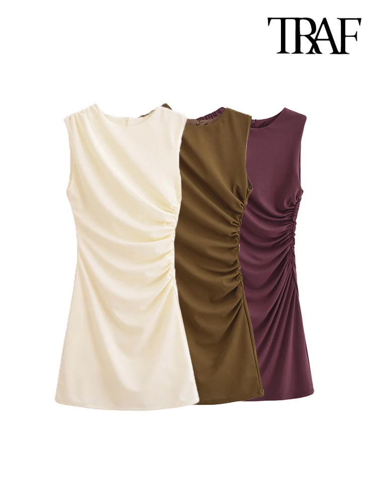 TRAF-Women's Draped Mini Dress, O Neck, Sleeveless, Back Zipper, Female Dresses, Sexy Fashion