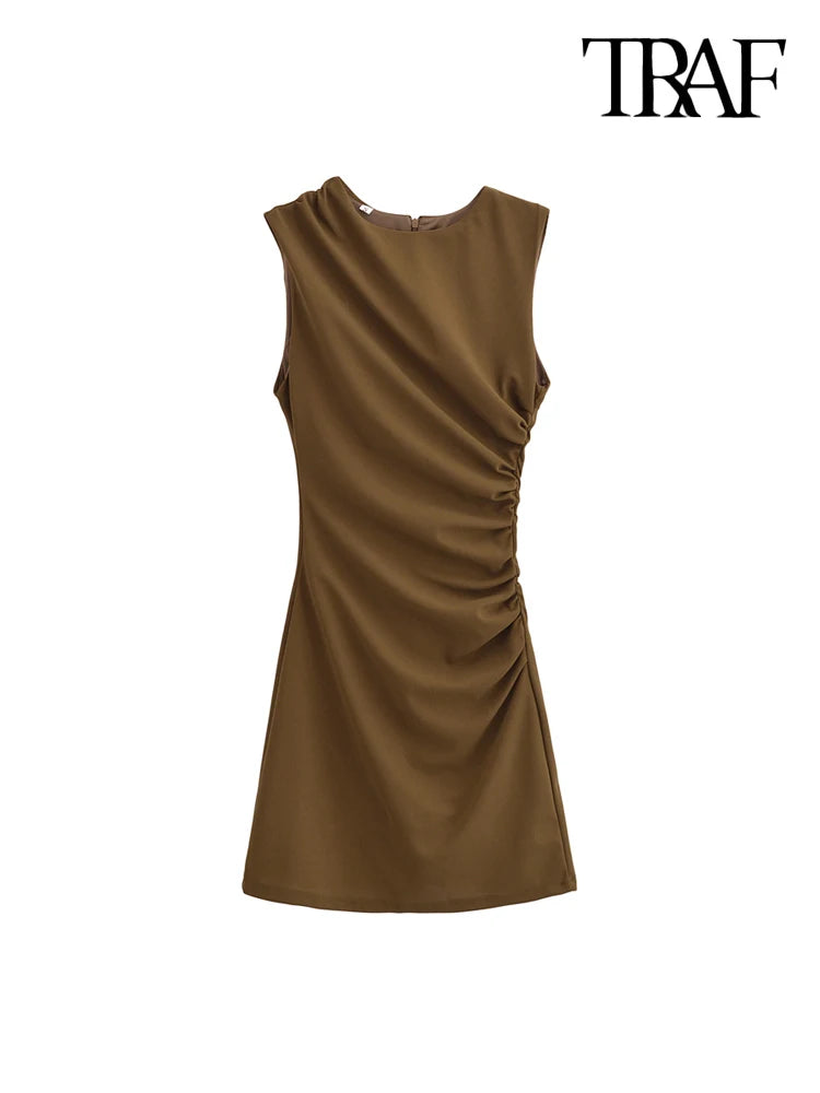 TRAF-Women's Draped Mini Dress, O Neck, Sleeveless, Back Zipper, Female Dresses, Sexy Fashion