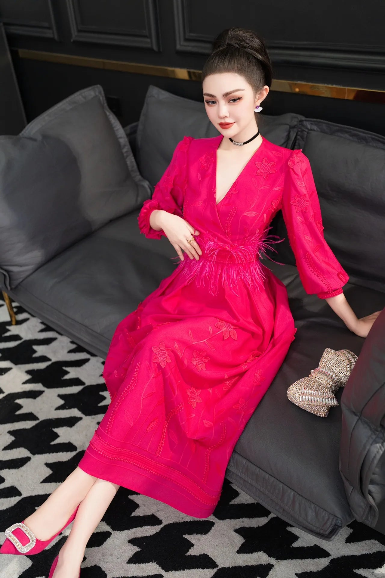 ZJYT Runway 2025 Spring V Neck Embroidery Long Dresses Women Elegant Lantern Sleeve Rose Red Aline Evening Party Dress Vestidos