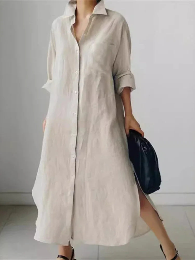 Summer Fashion New Women's Cotton Linen Dress Shirt Elegant Loose Irregular Cardigan Single Breasted Fashion Long Sleeved Dress