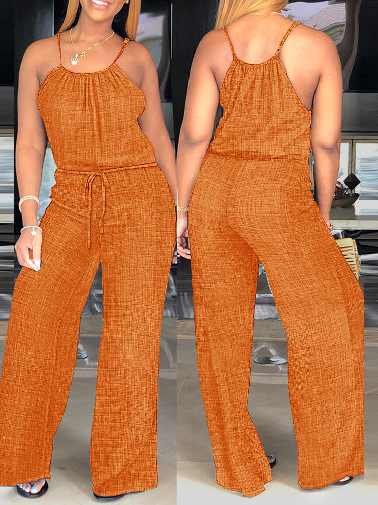 Spaghetti Strap Jumpsuit Women Rompers Summer Drawstring Casual One Piece Wide Leg Pants Jumpsuit Lady Overalls 2024 Clothing