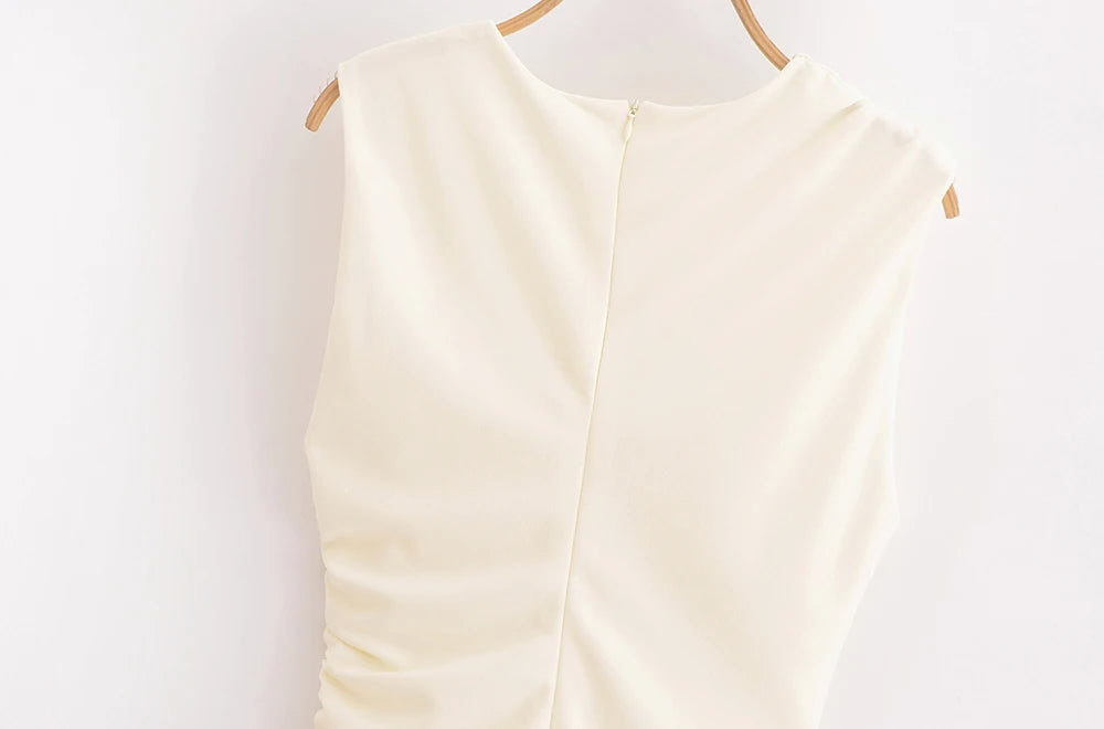 TRAF-Women's Draped Mini Dress, O Neck, Sleeveless, Back Zipper, Female Dresses, Sexy Fashion