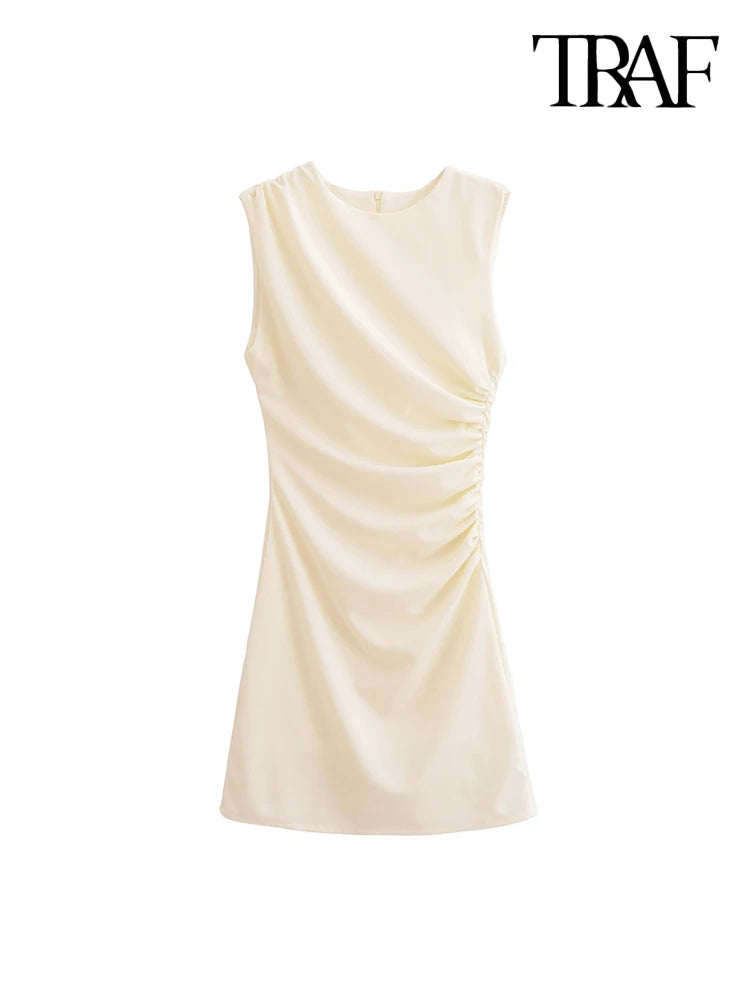 TRAF-Women's Draped Mini Dress, O Neck, Sleeveless, Back Zipper, Female Dresses, Sexy Fashion
