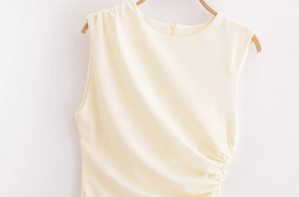 TRAF-Women's Draped Mini Dress, O Neck, Sleeveless, Back Zipper, Female Dresses, Sexy Fashion