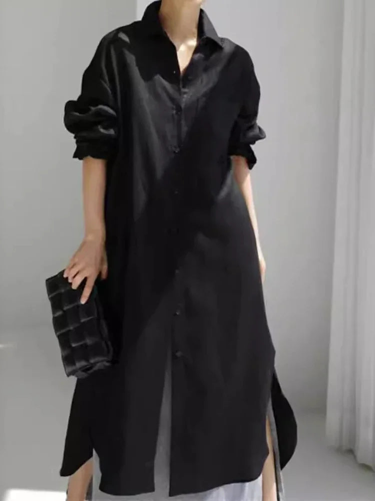 Summer Fashion New Women's Cotton Linen Dress Shirt Elegant Loose Irregular Cardigan Single Breasted Fashion Long Sleeved Dress