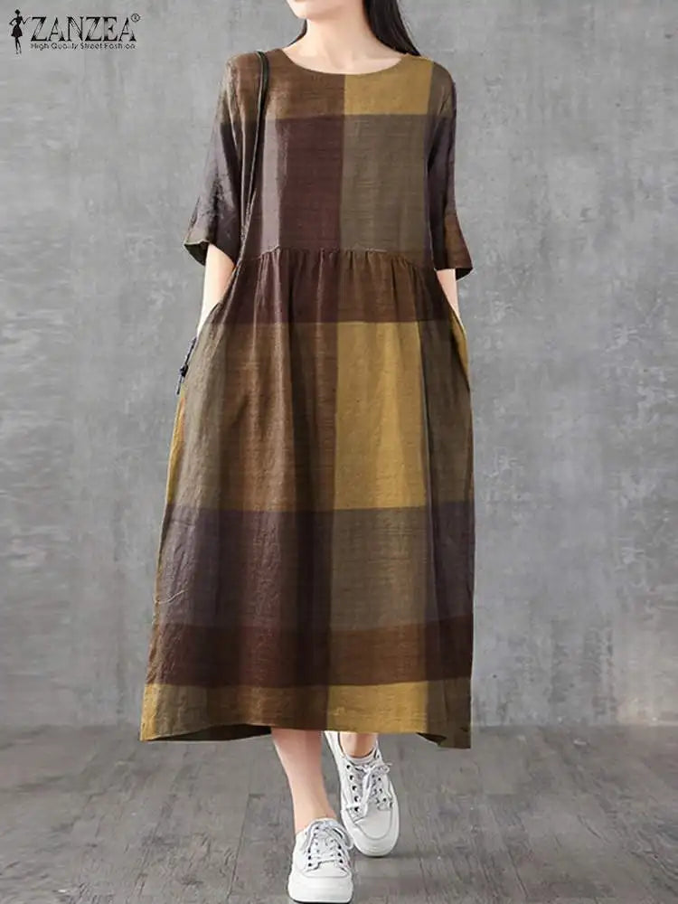 ZANZEA Women Cotton Linen Dresses Vintage Plaid Half Sleeve Midi Vestidos Casual O-neck Long Sundress 2023 Holiday Pocket Robes