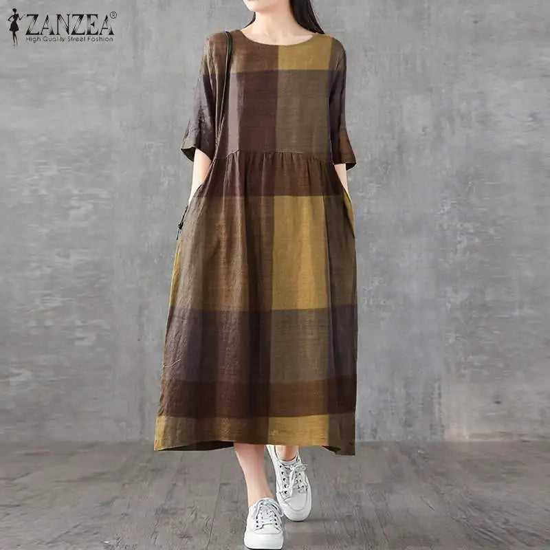 ZANZEA Women Cotton Linen Dresses Vintage Plaid Half Sleeve Midi Vestidos Casual O-neck Long Sundress 2023 Holiday Pocket Robes