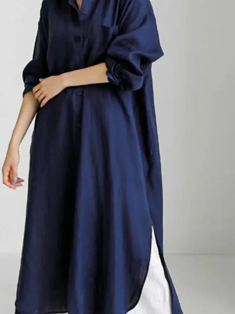 Summer Fashion New Women's Cotton Linen Dress Shirt Elegant Loose Irregular Cardigan Single Breasted Fashion Long Sleeved Dress