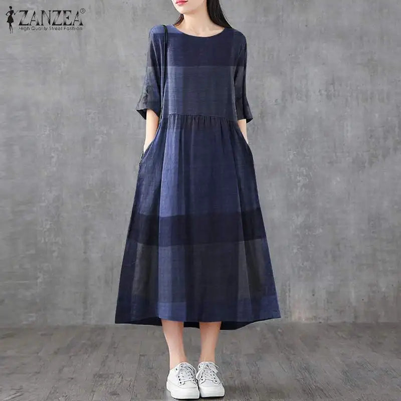 ZANZEA Women Cotton Linen Dresses Vintage Plaid Half Sleeve Midi Vestidos Casual O-neck Long Sundress 2023 Holiday Pocket Robes