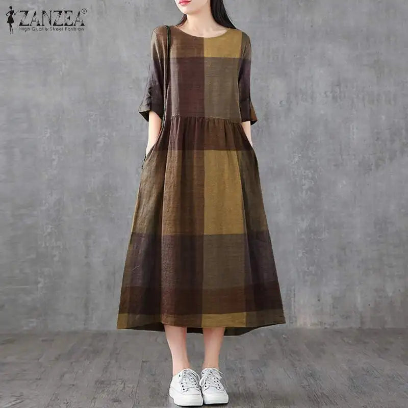 ZANZEA Women Cotton Linen Dresses Vintage Plaid Half Sleeve Midi Vestidos Casual O-neck Long Sundress 2023 Holiday Pocket Robes