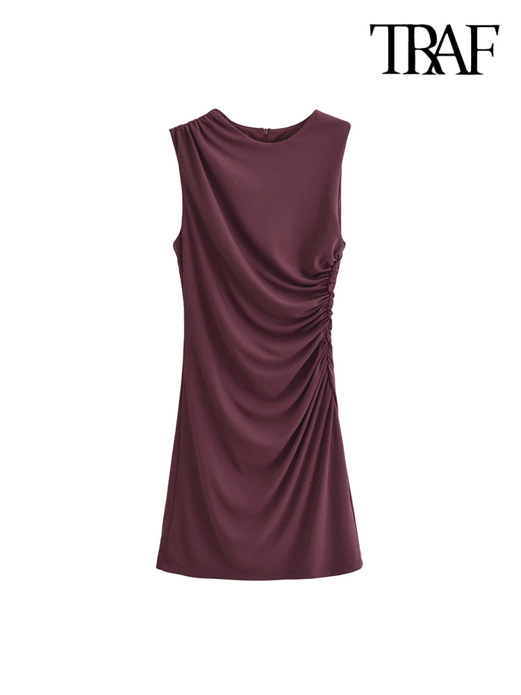 TRAF-Women's Draped Mini Dress, O Neck, Sleeveless, Back Zipper, Female Dresses, Sexy Fashion