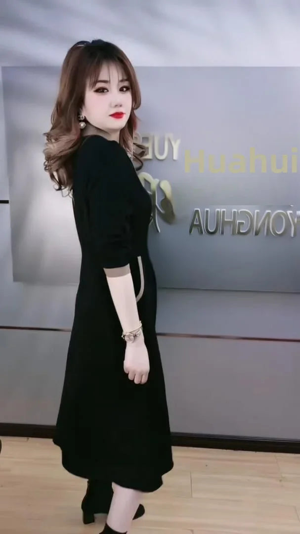 Fashionable Korean Style Autumn Newborn Slimming Medium-length Dress A- line Skirt For 80-200 Pounds Women