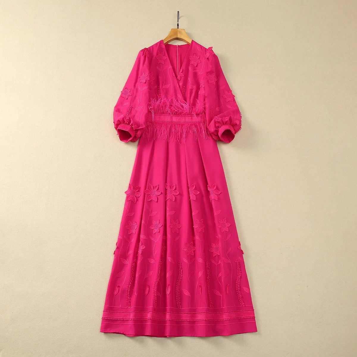 ZJYT Runway 2025 Spring V Neck Embroidery Long Dresses Women Elegant Lantern Sleeve Rose Red Aline Evening Party Dress Vestidos