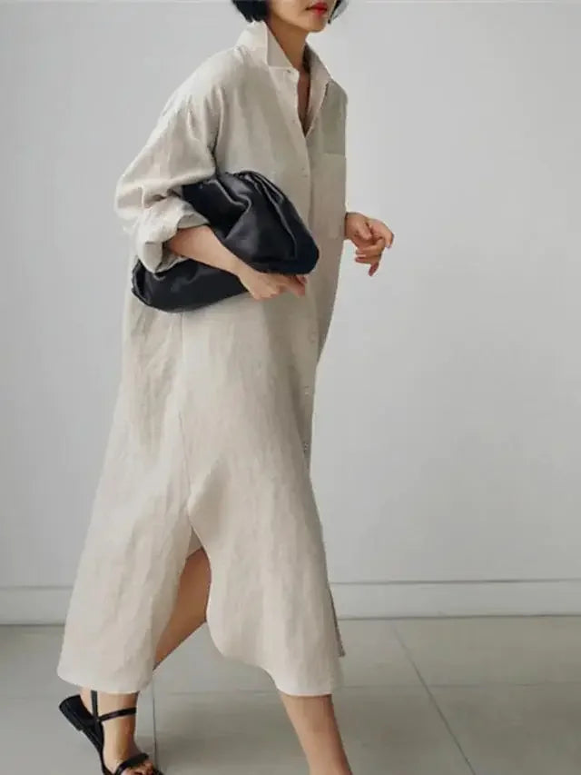 Summer Fashion New Women's Cotton Linen Dress Shirt Elegant Loose Irregular Cardigan Single Breasted Fashion Long Sleeved Dress