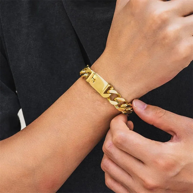Men Fashion Gold Color Bracelet Personality Hip Hop Double Buckle Trend Domineer Fashion Bracelets
