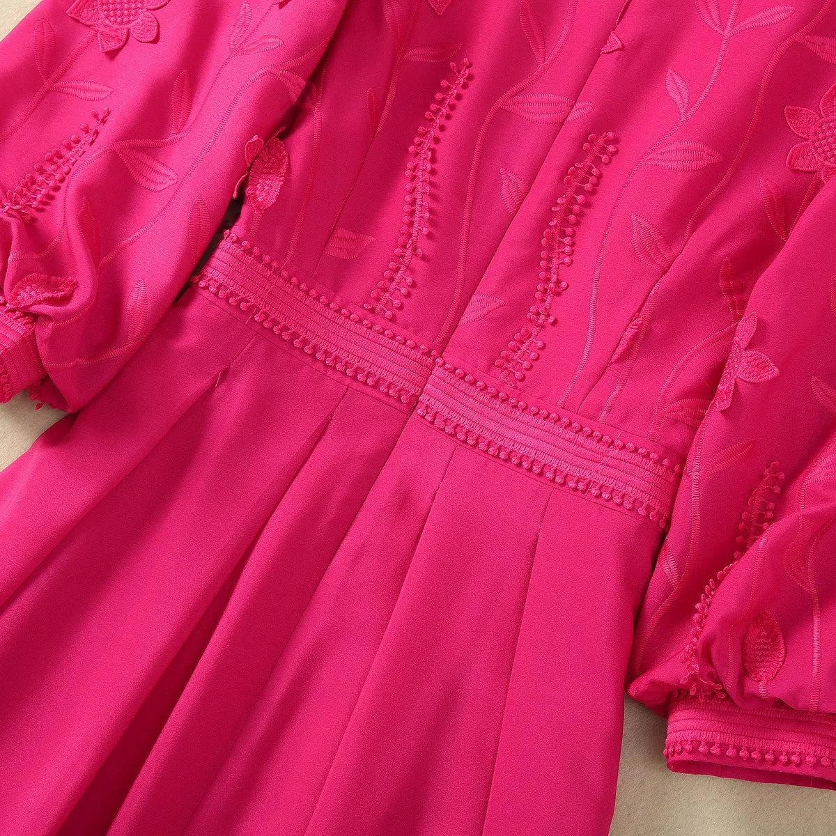 ZJYT Runway 2025 Spring V Neck Embroidery Long Dresses Women Elegant Lantern Sleeve Rose Red Aline Evening Party Dress Vestidos