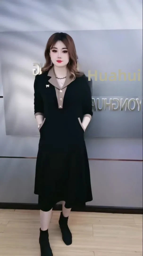 Fashionable Korean Style Autumn Newborn Slimming Medium-length Dress A- line Skirt For 80-200 Pounds Women