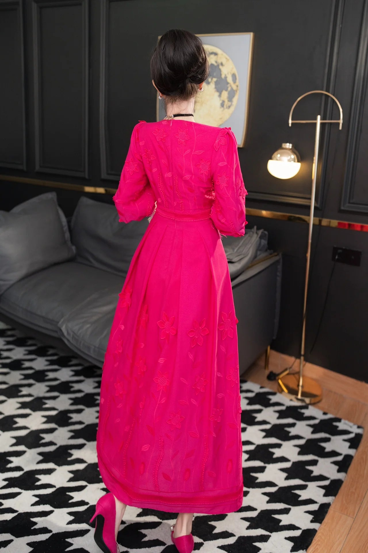 ZJYT Runway 2025 Spring V Neck Embroidery Long Dresses Women Elegant Lantern Sleeve Rose Red Aline Evening Party Dress Vestidos