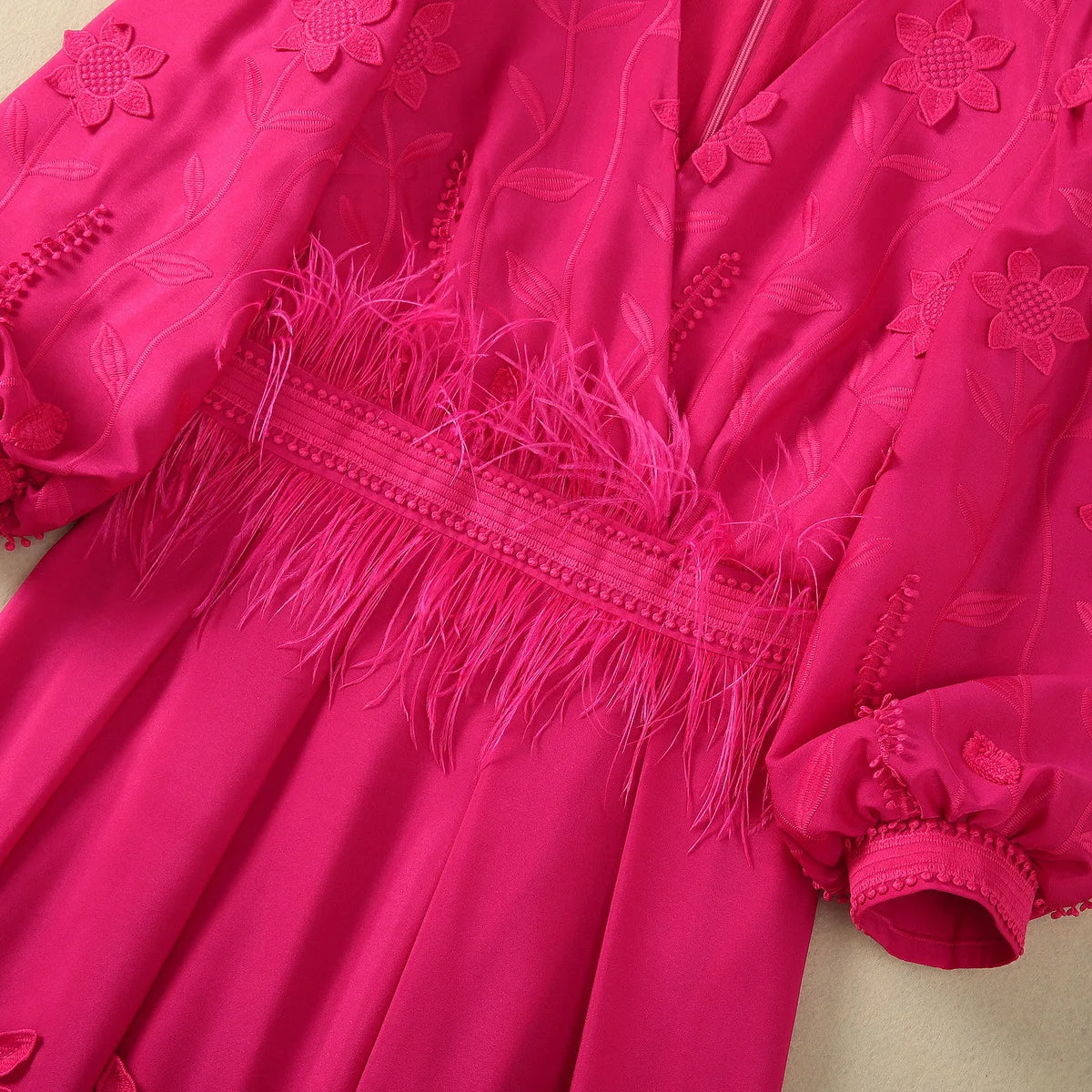 ZJYT Runway 2025 Spring V Neck Embroidery Long Dresses Women Elegant Lantern Sleeve Rose Red Aline Evening Party Dress Vestidos