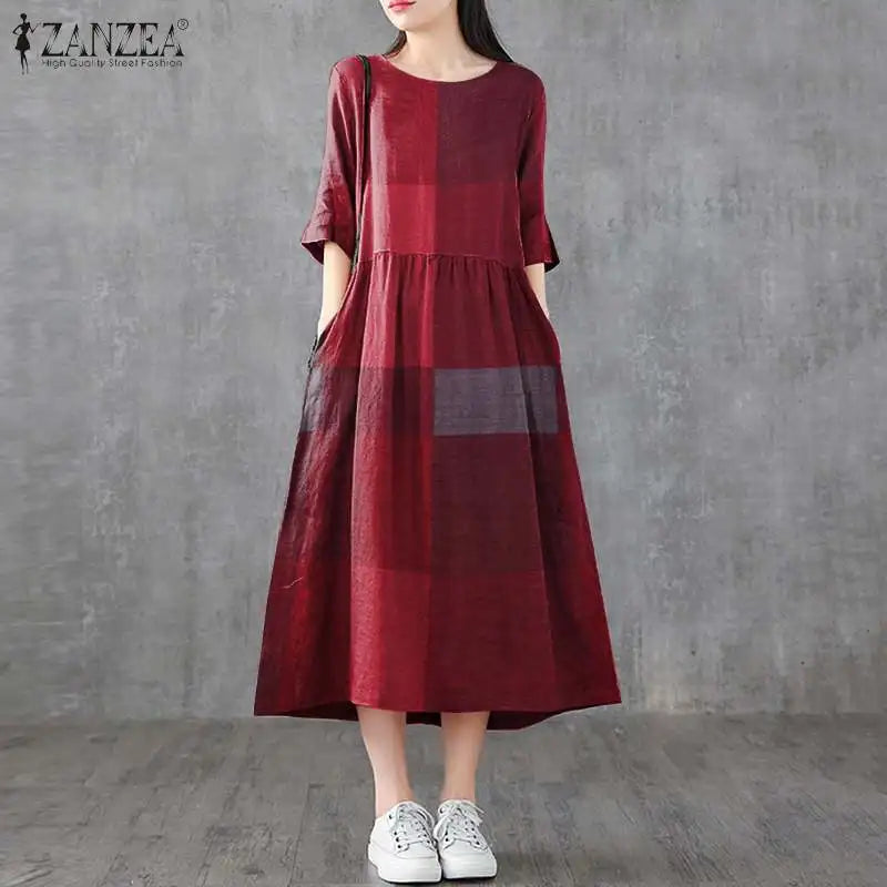 ZANZEA Women Cotton Linen Dresses Vintage Plaid Half Sleeve Midi Vestidos Casual O-neck Long Sundress 2023 Holiday Pocket Robes
